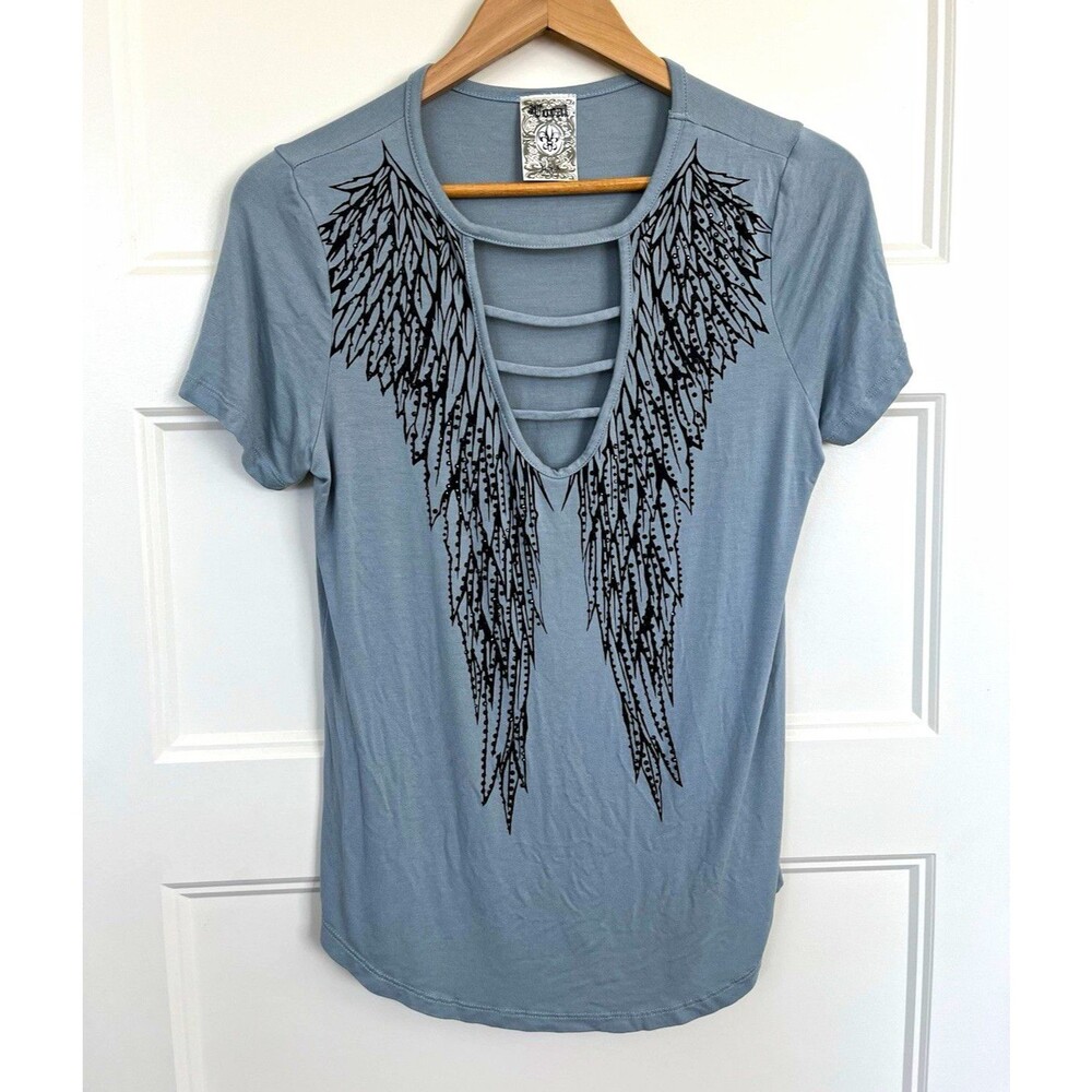 VOCAL Women's Gray Angel Wings Graphic Tee Ladder Cutout Top Strappy Size L